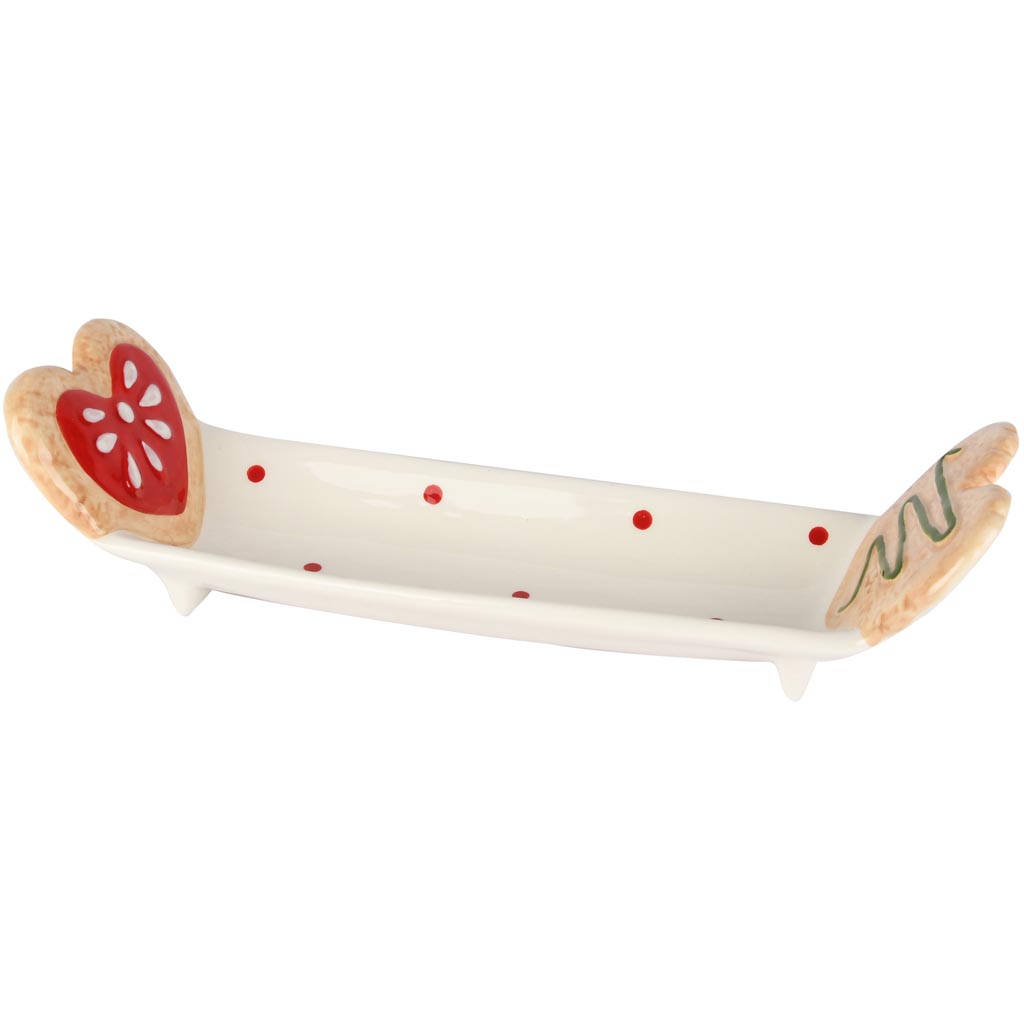 Dekoratief | Schaaltje m/hartjes, rood/wit, keramiek, 28x9x6cm | A255626