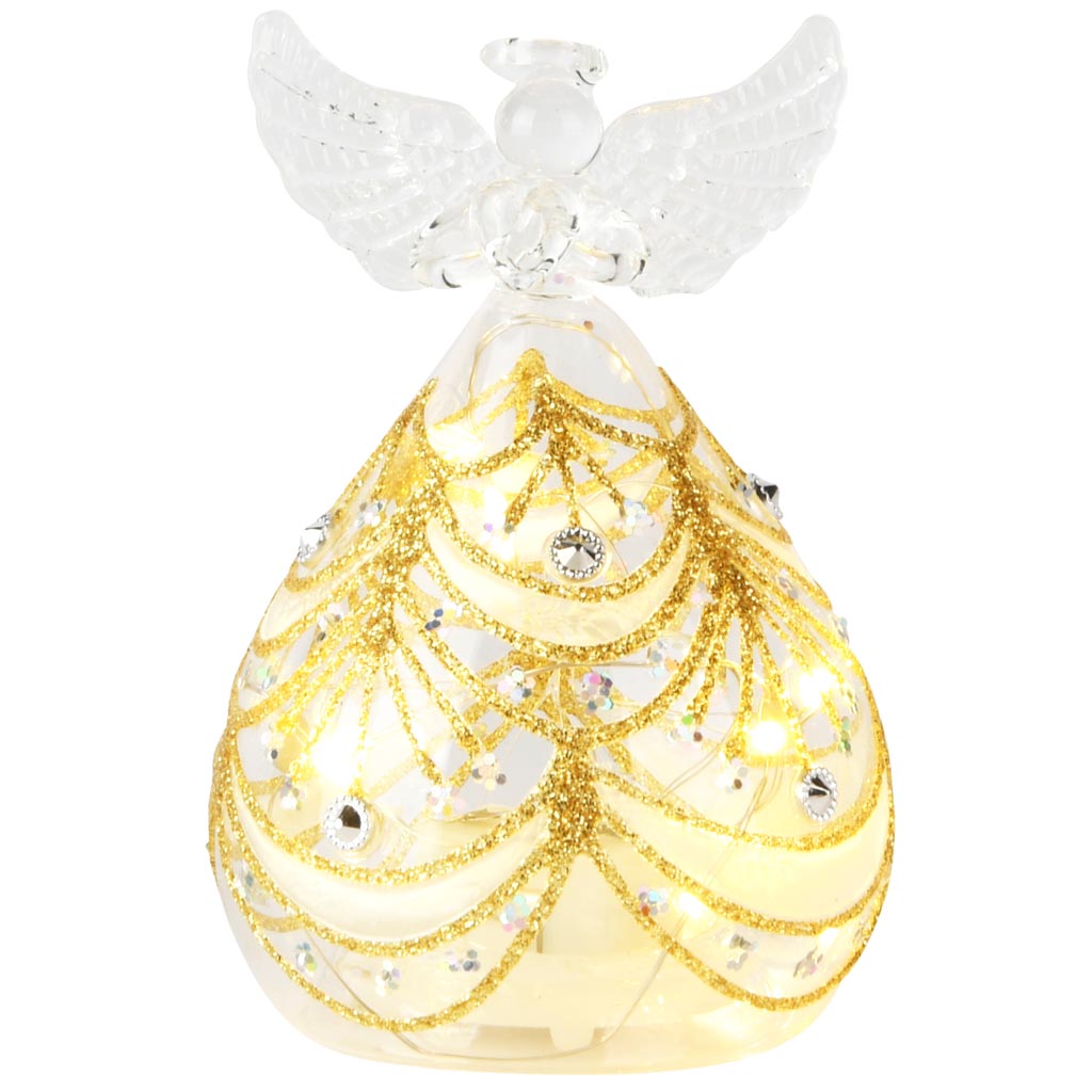 Dekoratief | Engeltje staand m/parels, transparant/goud, glas, LED, 8x8x13cm | A255651