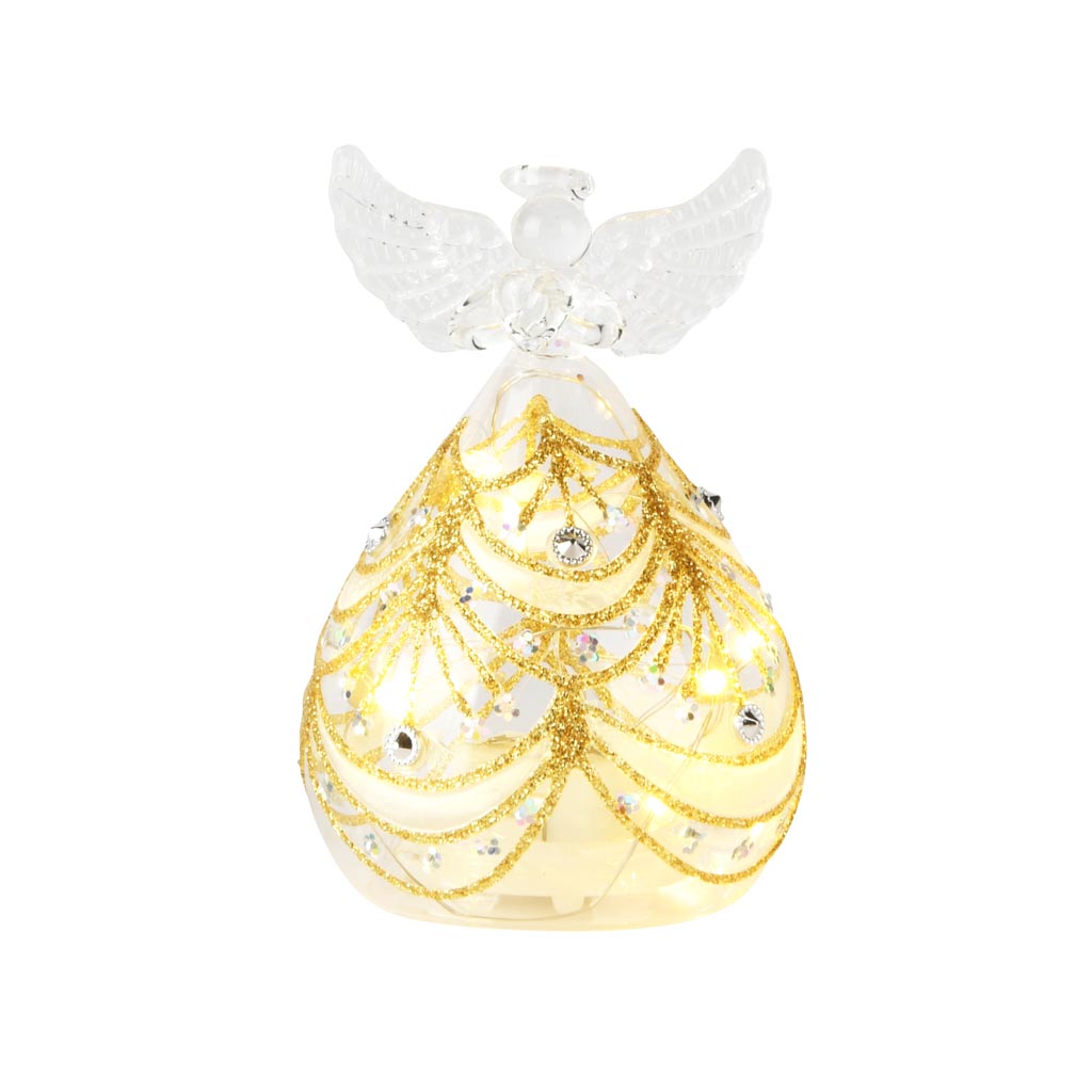 Dekoratief | Engeltje staand m/parels, transparant/goud, glas, LED, 7x7x11cm | A255652
