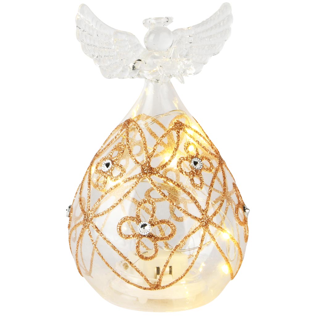 Dekoratief | Engel staand m/parels/bloemen, transparant/goud, glas, LED, 8x8x13cm | A255653