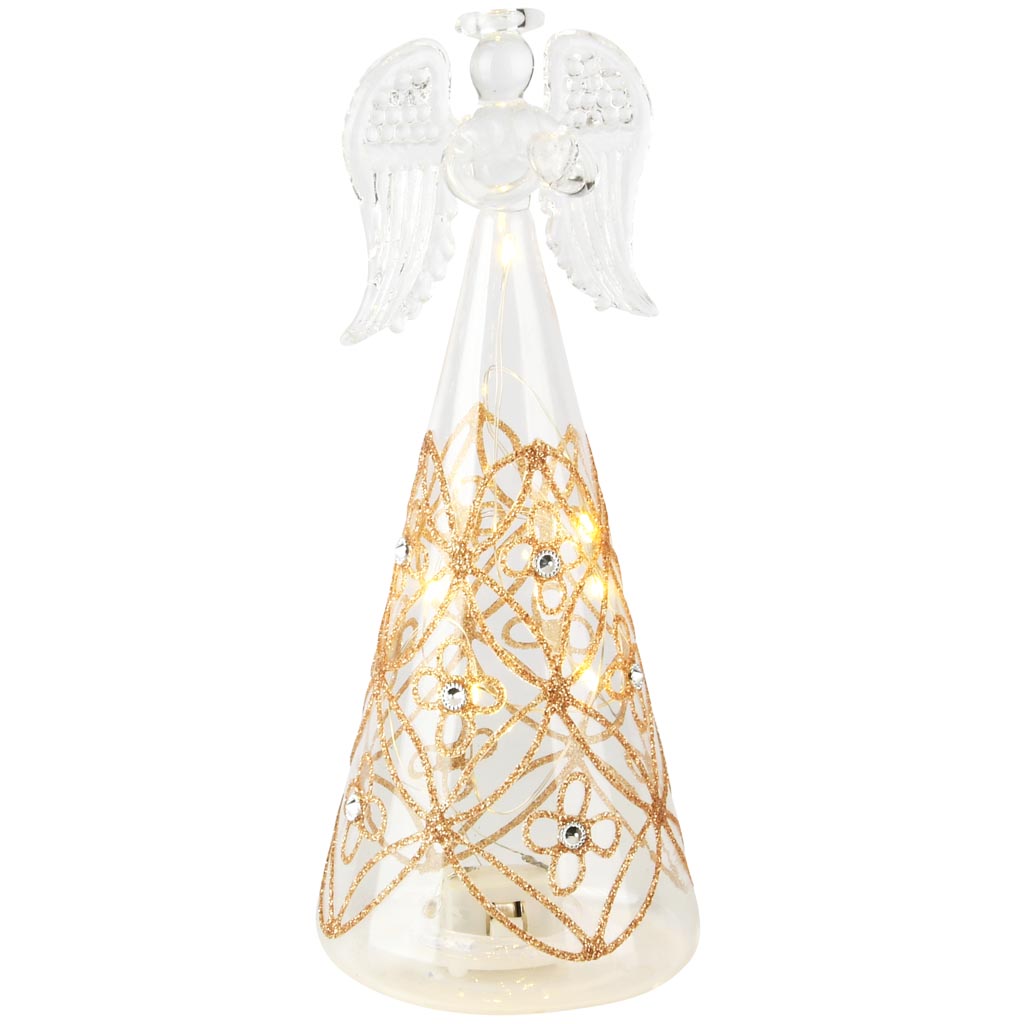 Dekoratief | Engeltje staand m/parels, transparant/goud, glas, LED, 8x8x20cm | A255654