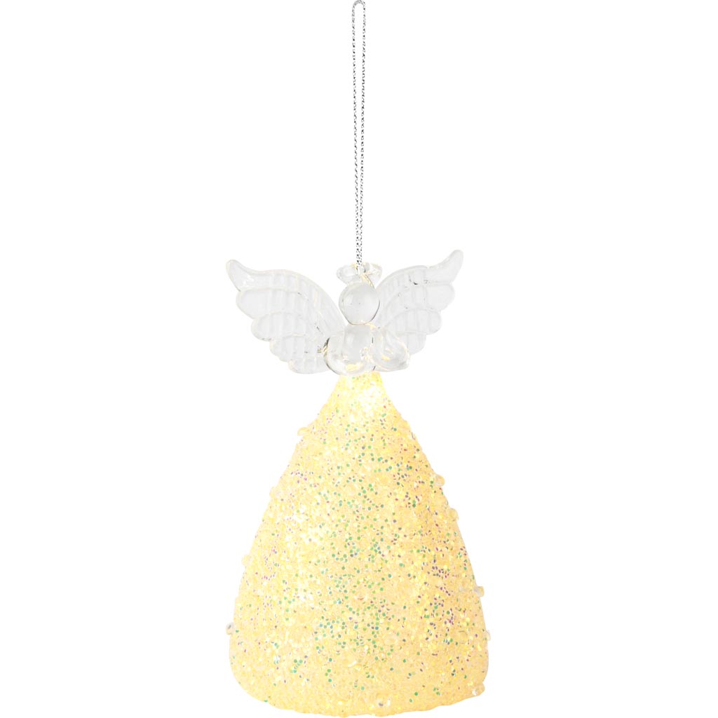Dekoratief | Hanger engeltje, transparant/goud, glas, LED, 8x8x12cm | A255656