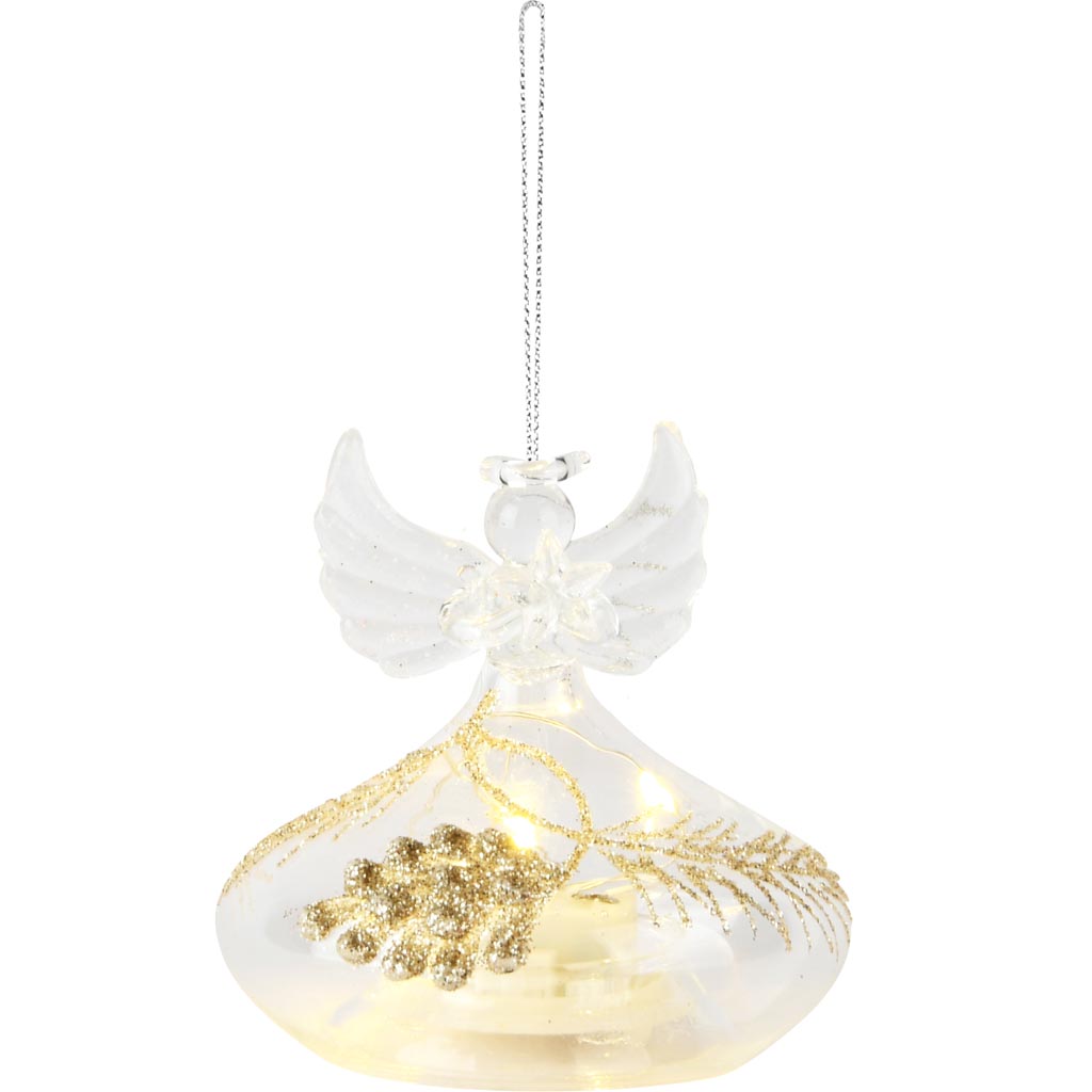 Dekoratief | Hanger engeltje m/ster, transparant/goud, glas, LED, 8x8x8cm | A255661