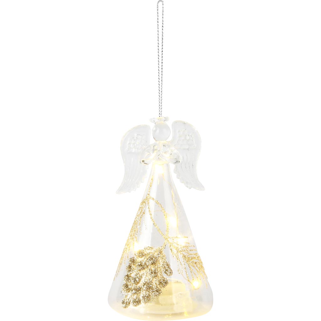 Dekoratief | Hanger engeltje m/takjes, transparant/goud, glas, LED, 7x7x11cm | A255662