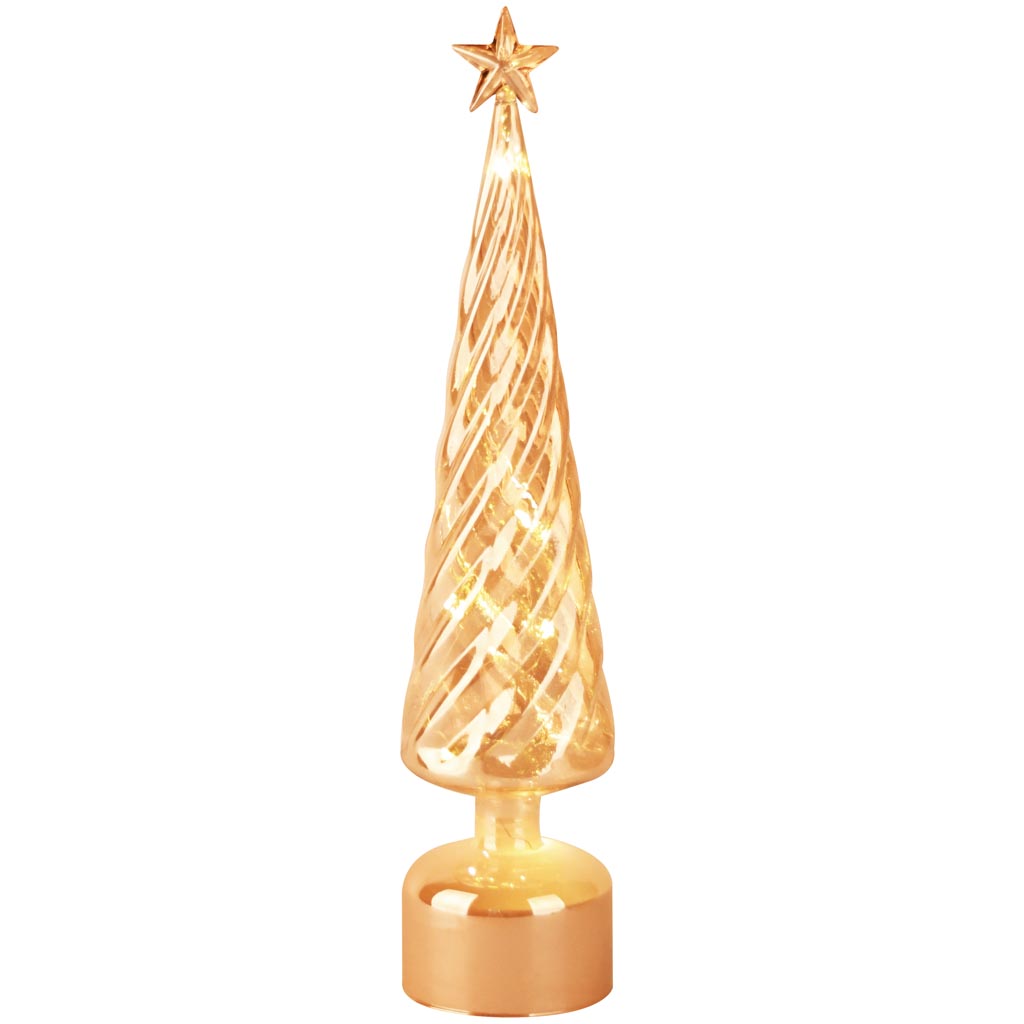 Dekoratief | Kegel vormboompje m/ster op voet, goud, glas, LED, draait rond, 9x9x41cm | A255668