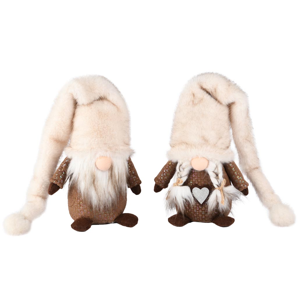 Dekoratief | Pop gnoom m/lange muts, bruin/beige, stof, 14x11x57cm, set van 2 stuks | A255673