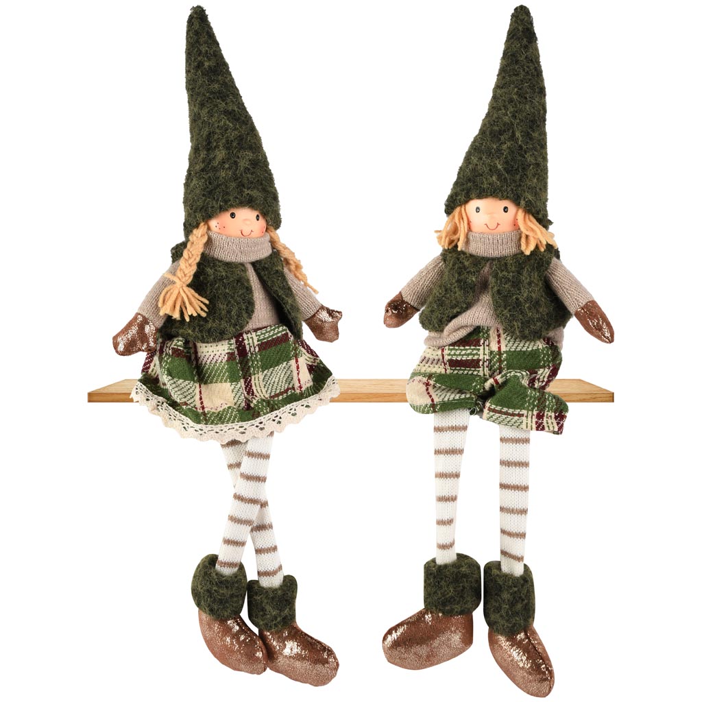 Dekoratief | Pop m/hangbenen, groen/bruin, stof, 15x9x52cm, set van 2 stuks | A255676