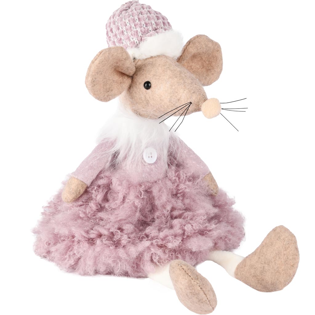 Dekoratief | Muisje m/hangbenen, roze, stof, 16x17x39cm | A255679