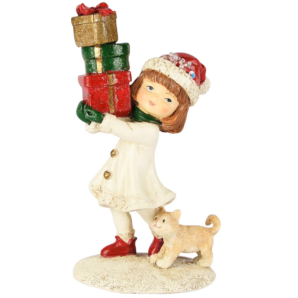Dekoratief | Wintermeisje m/cadeautjes/poes, wit/rood, resina, 9x6x15cm | A255704