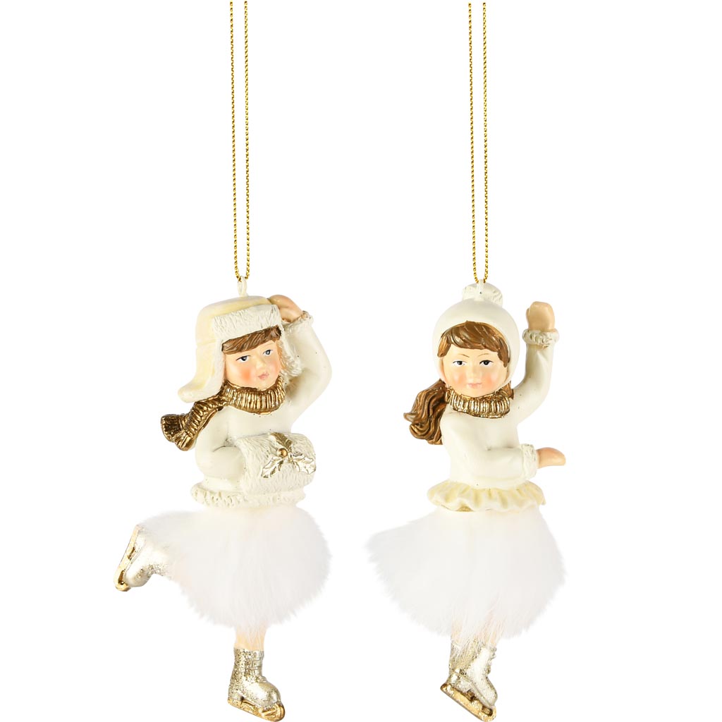 Dekoratief | Hanger meisje m/schaatsen, wit/goud, resina, 6x4x12cm, set van 2 stuks | A255705