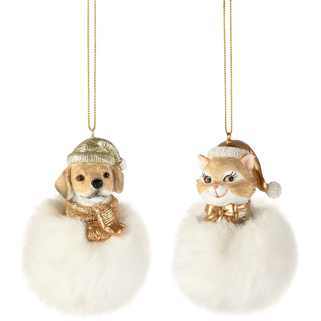 Dekoratief | Hanger hond/poes m/pompon, wit, resina/stof, 6x6x10cm, set van 2 stuks | A255710