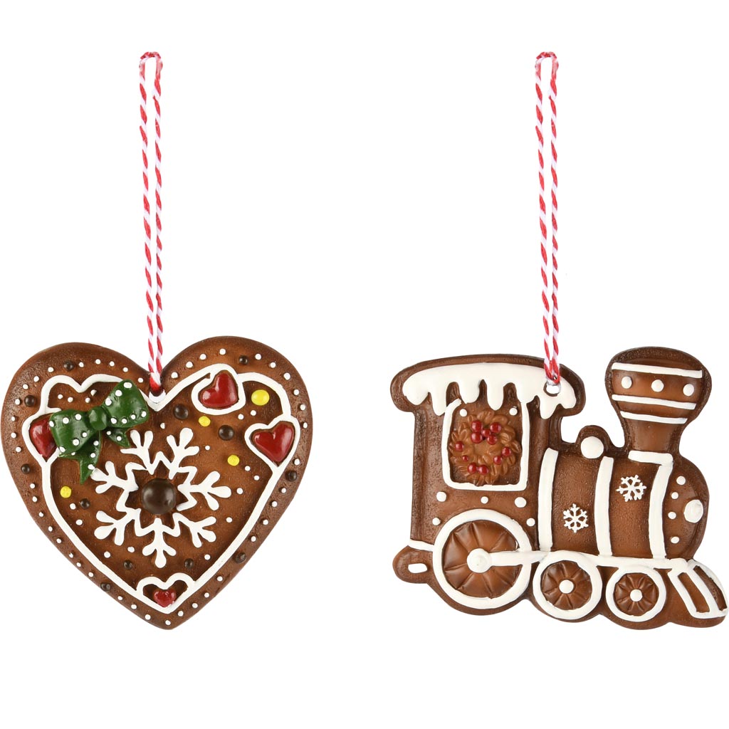 Dekoratief | Hanger hartje/treintje, bruin/wit, resina, 7x8x1cm, set van 2 stuks | A255736
