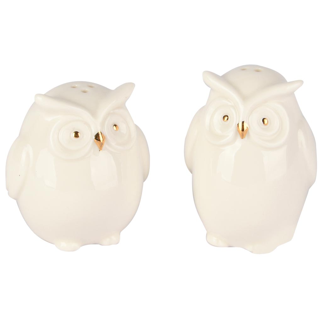 Dekoratief | Peper/zout uiltje, wit/goud, porselein, 5x5x6cm, set van 2 stuks | A255742