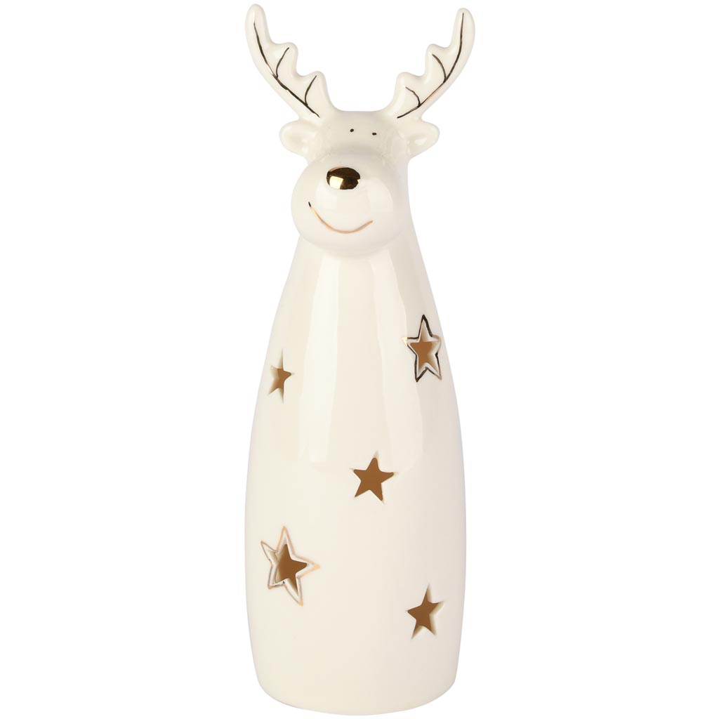 Dekoratief | Rendier staand m/sterren, wit/goud, porselein, LED, 6x6x18cm | A255743