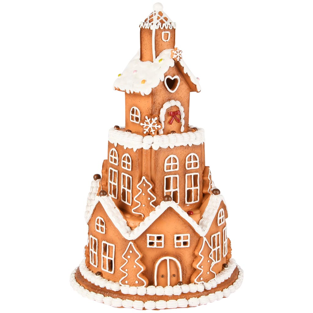 Dekoratief | Toren peperkoekenhuisjes, bruin/wit, resina, LED, 15x15x23cm | A255751