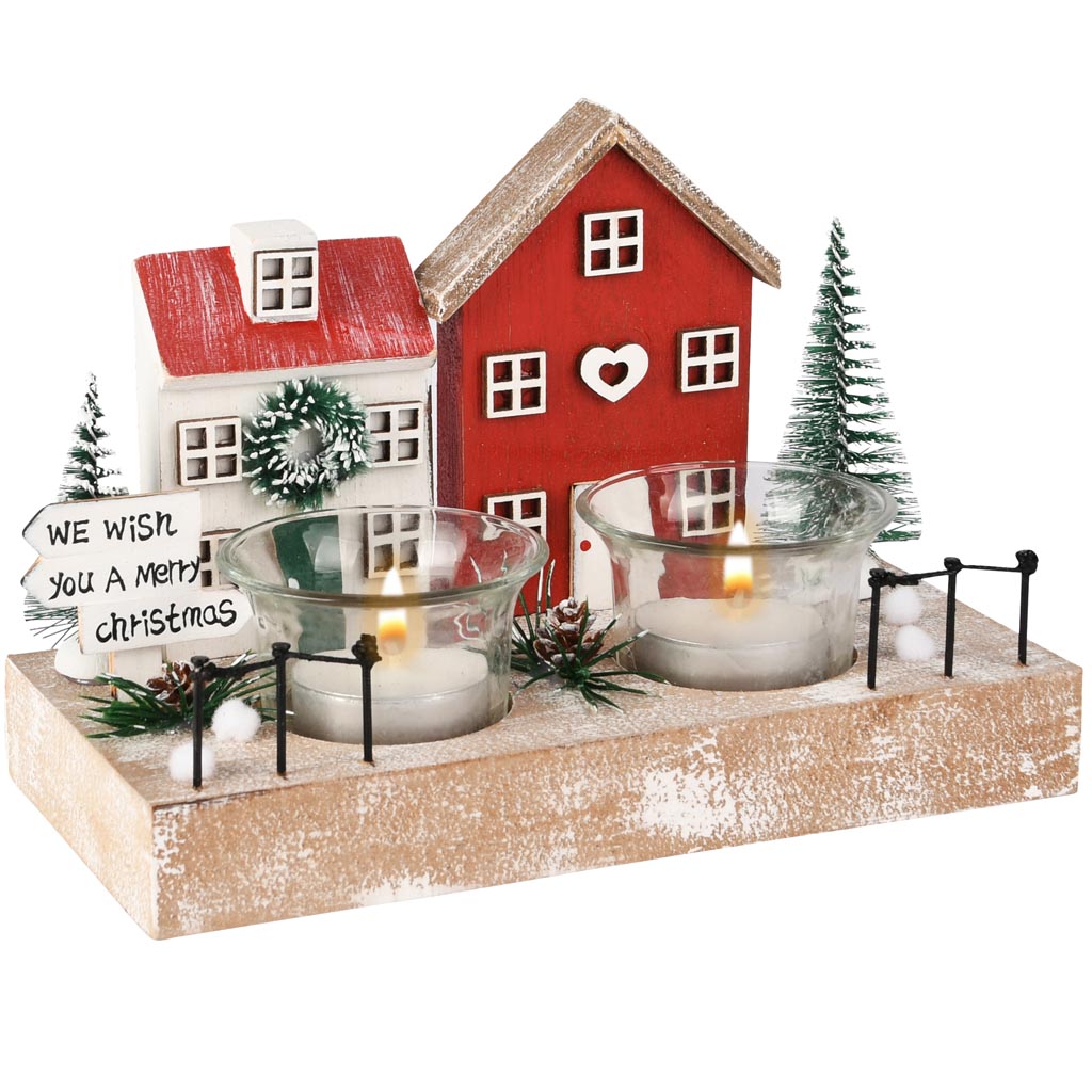 Dekoratief | Theelichthouder m/huisjes, naturel/rood, hout, 19x9x13cm | A255760