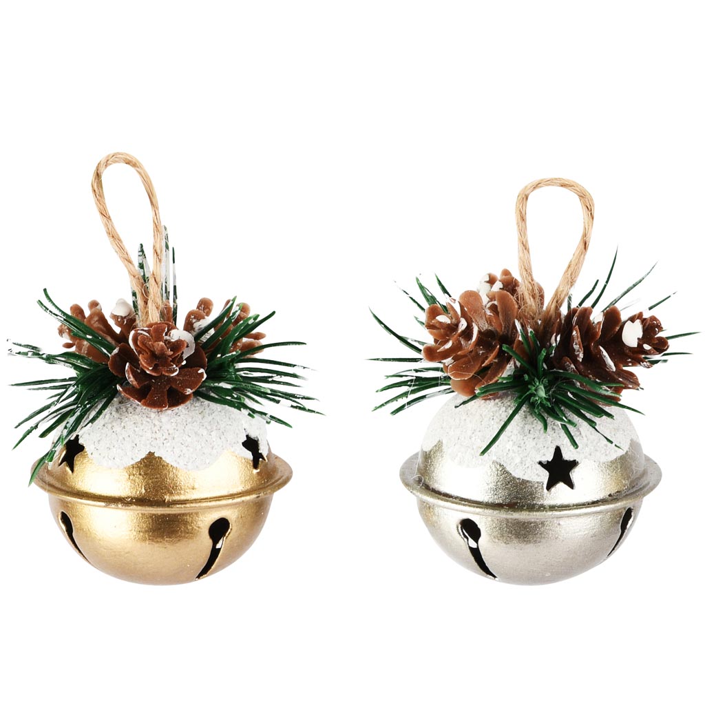 Dekoratief | Hanger belletje m/takje, zilver/goud/groen, metaal, 4x4x5cm, set van 2 stuks | A255761