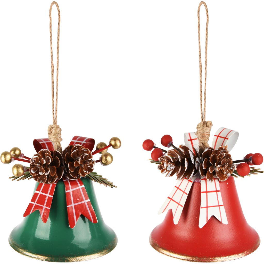 Dekoratief | Hanger belletje m/takje, rood/groen, metaal, 6x6x5cm, set van 2 stuks | A255762