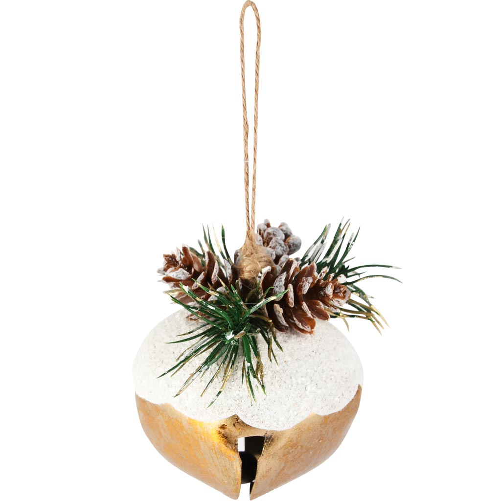 Dekoratief | Hanger belletje m/takje, goud/wit/groen, metaal, 6x6x6cm | A255764