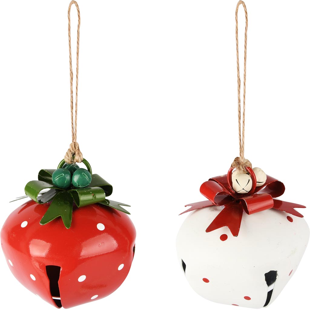Dekoratief | Hanger belletje m/stippen, rood/wit, metaal, 5x5x6cm, set van 2 stuks | A255765