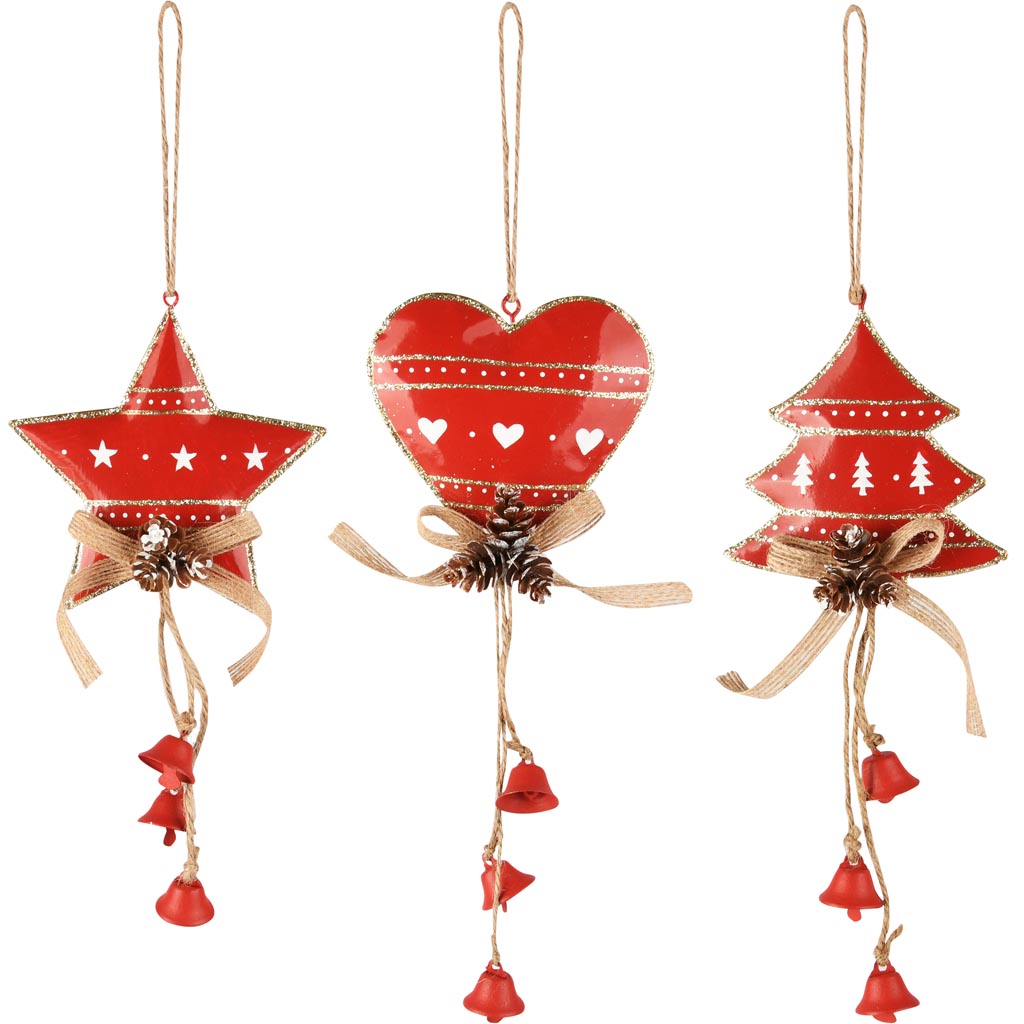 Dekoratief | Hanger hart/ster/boom, rood/wit, metaal, 10x10x22cm, set van 3 stuks | A255767