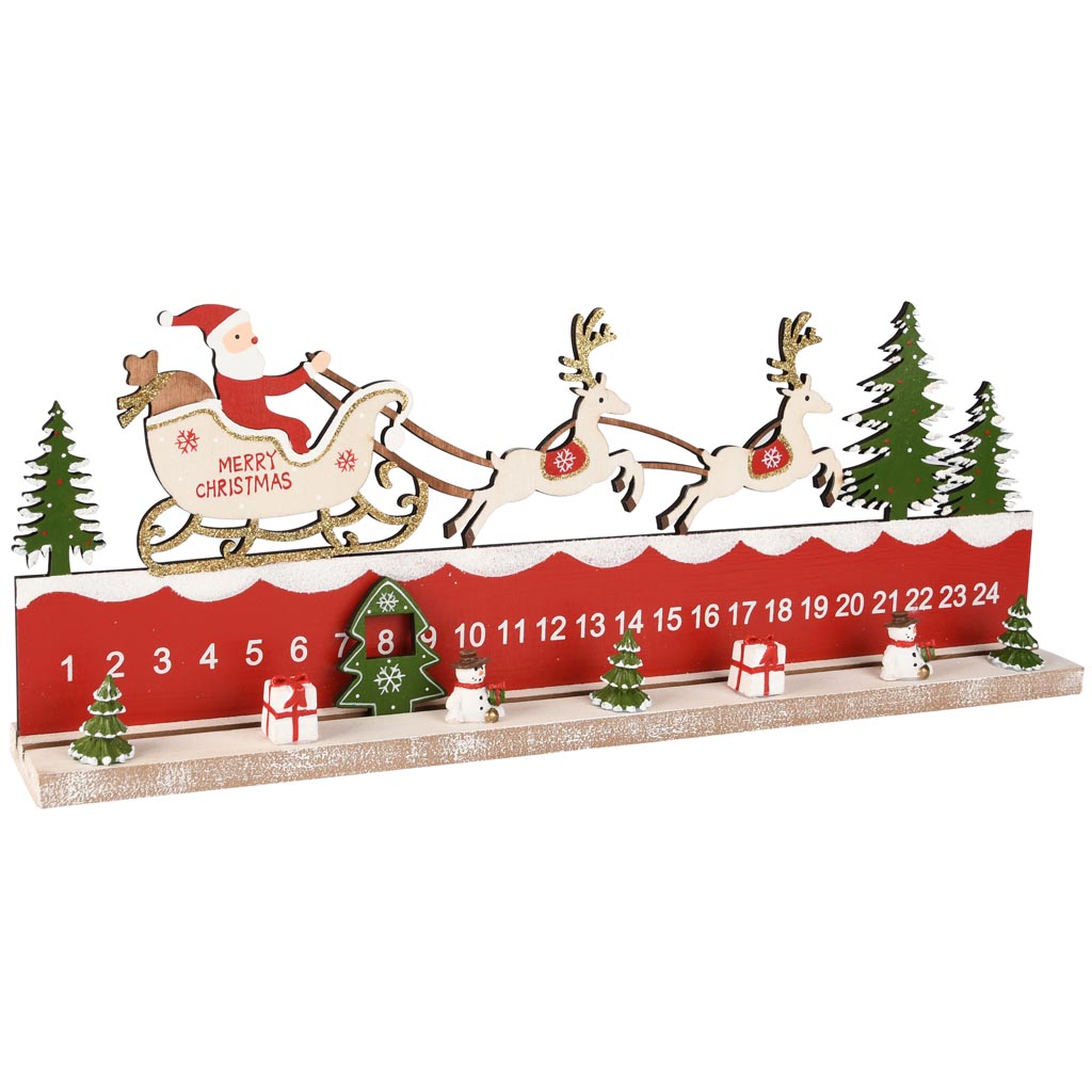 Dekoratief | Adventkalender m/santa, rood/groen, hout, 44x4x13cm | A255771