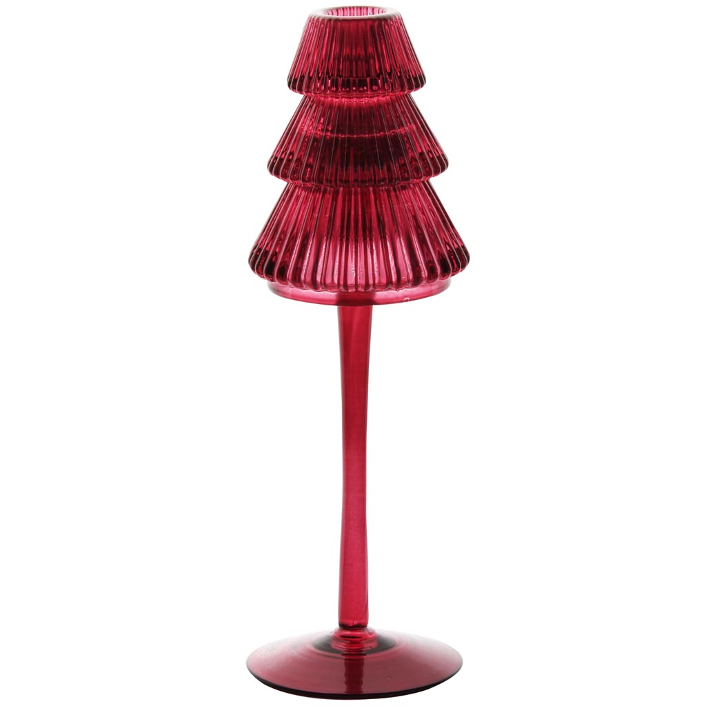 Dekoratief | Theelichthouder boompje op voet, rood, glas, 8x8x25cm | A255806