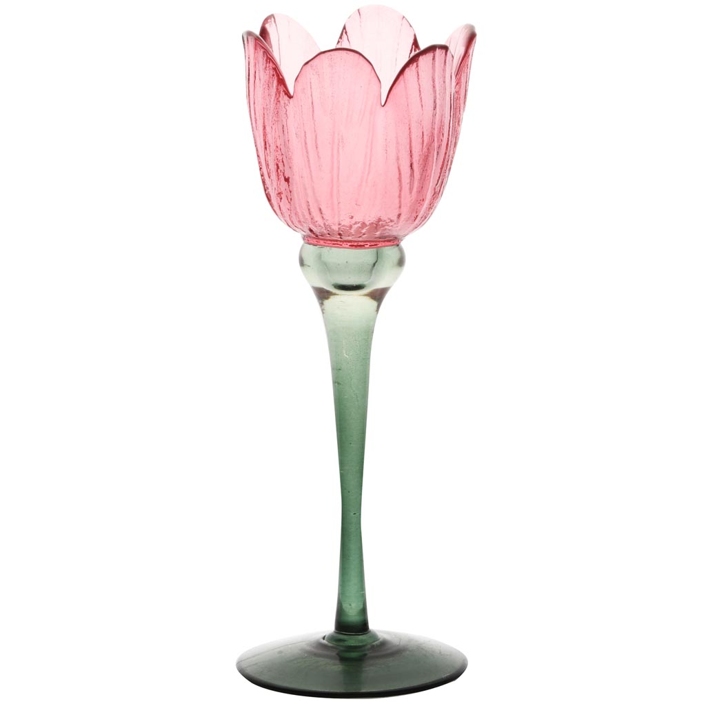 Dekoratief | Theelichthouder tulp op voet, roze/groen, glas, 8x8x23cm | A255809