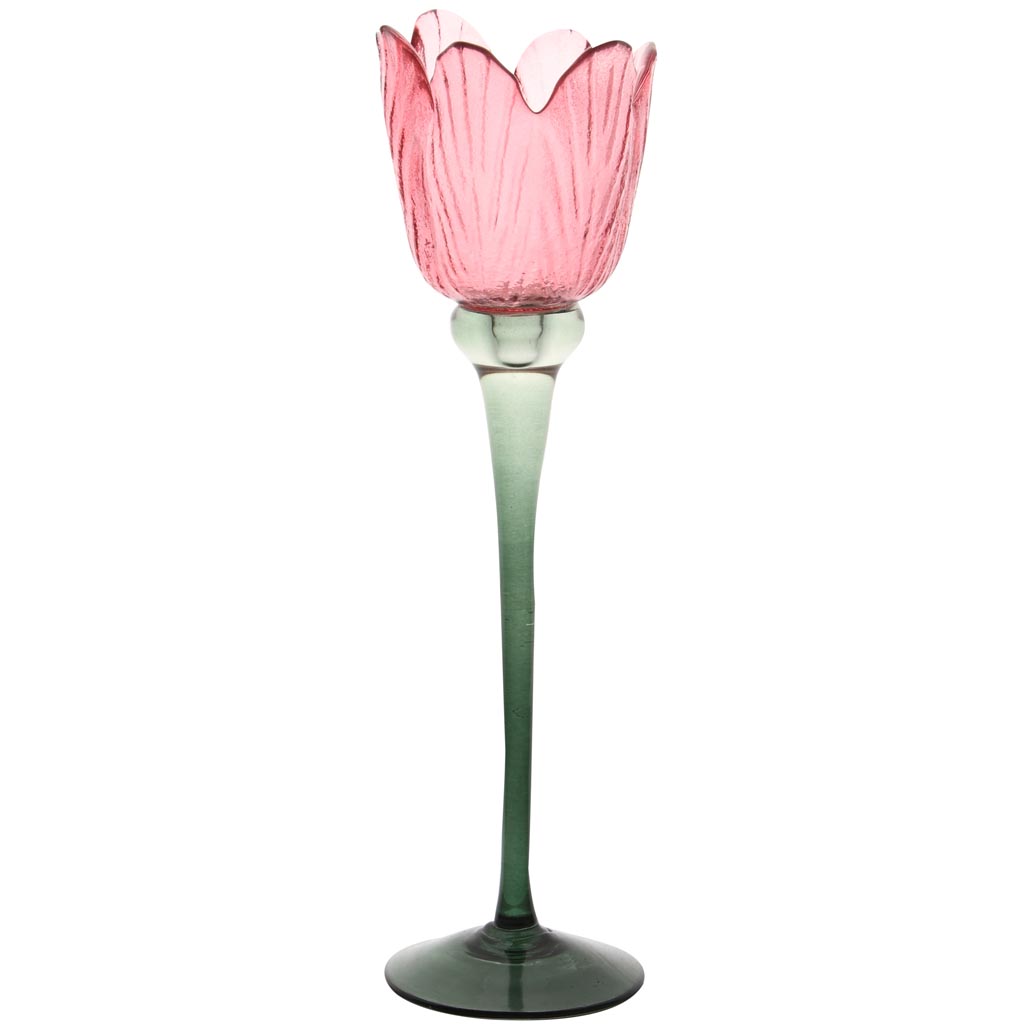 Dekoratief | Theelichthouder tulp op voet, roze/groen, glas, 8x8x28cm | A255810