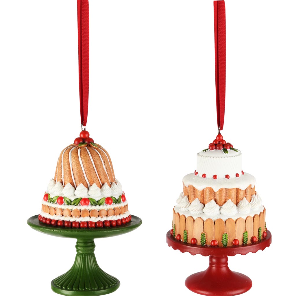 Dekoratief | Hanger taartje op dienblad, groen/rood, resina, 8x8x12cm, set van 2 stuks | A255820