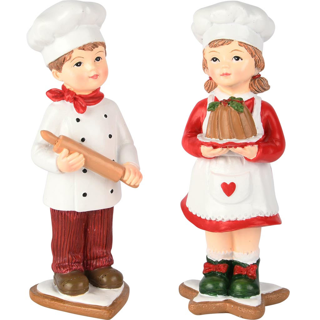 Dekoratief | Bakkerskindje m/deegrol/taart, rood/wit, resina, 6x6x15cm, set van 2 stuks | A255824