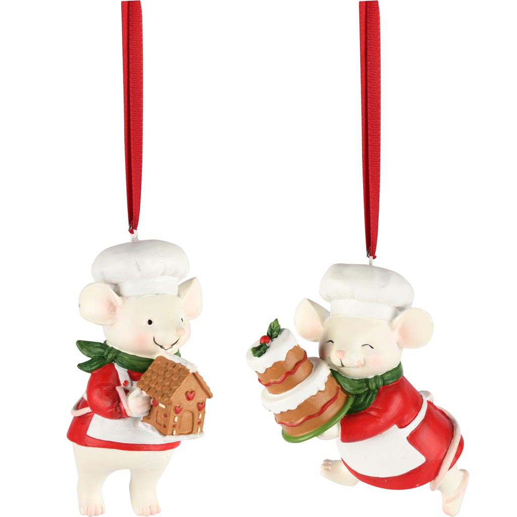 Dekoratief | Hanger bakkersmuisje, rood/wit, resina, 6x4x10cm, set van 2 stuks | A255826