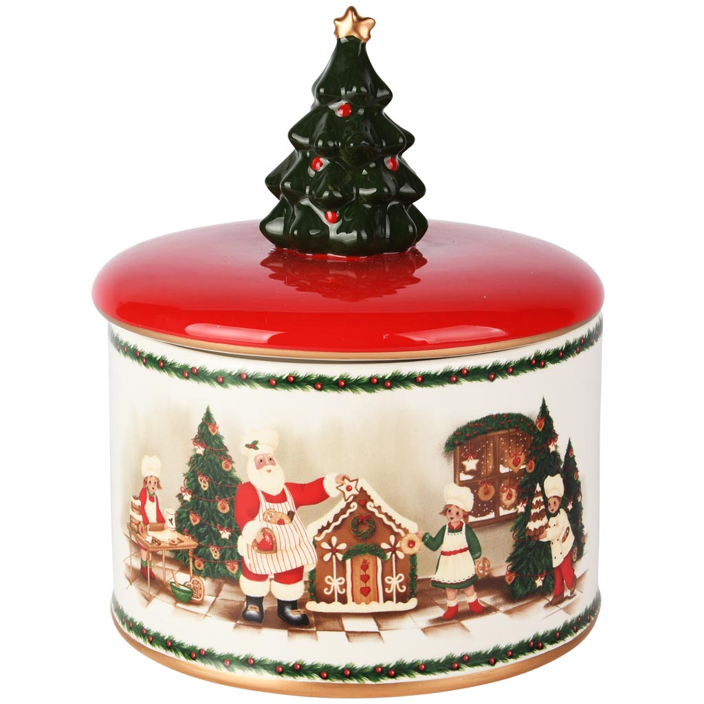 Dekoratief | Bewaarpot 'Santa's Bakery', rood/wit/groen, dolomiet, 16x16x19cm | A255827