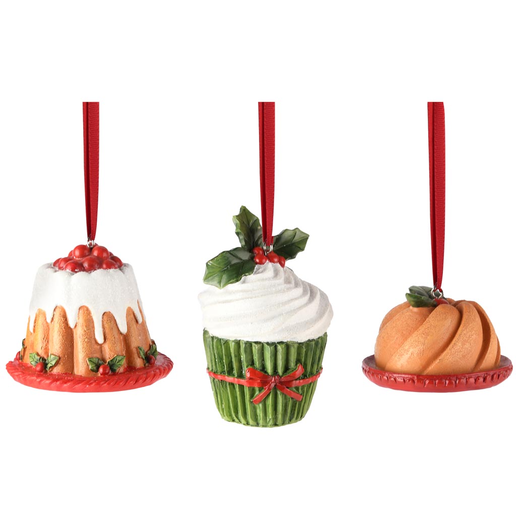 Dekoratief | Hanger gebakje, rood/wit/groen, resina, 7x7x4cm, set van 3 stuks | A255828