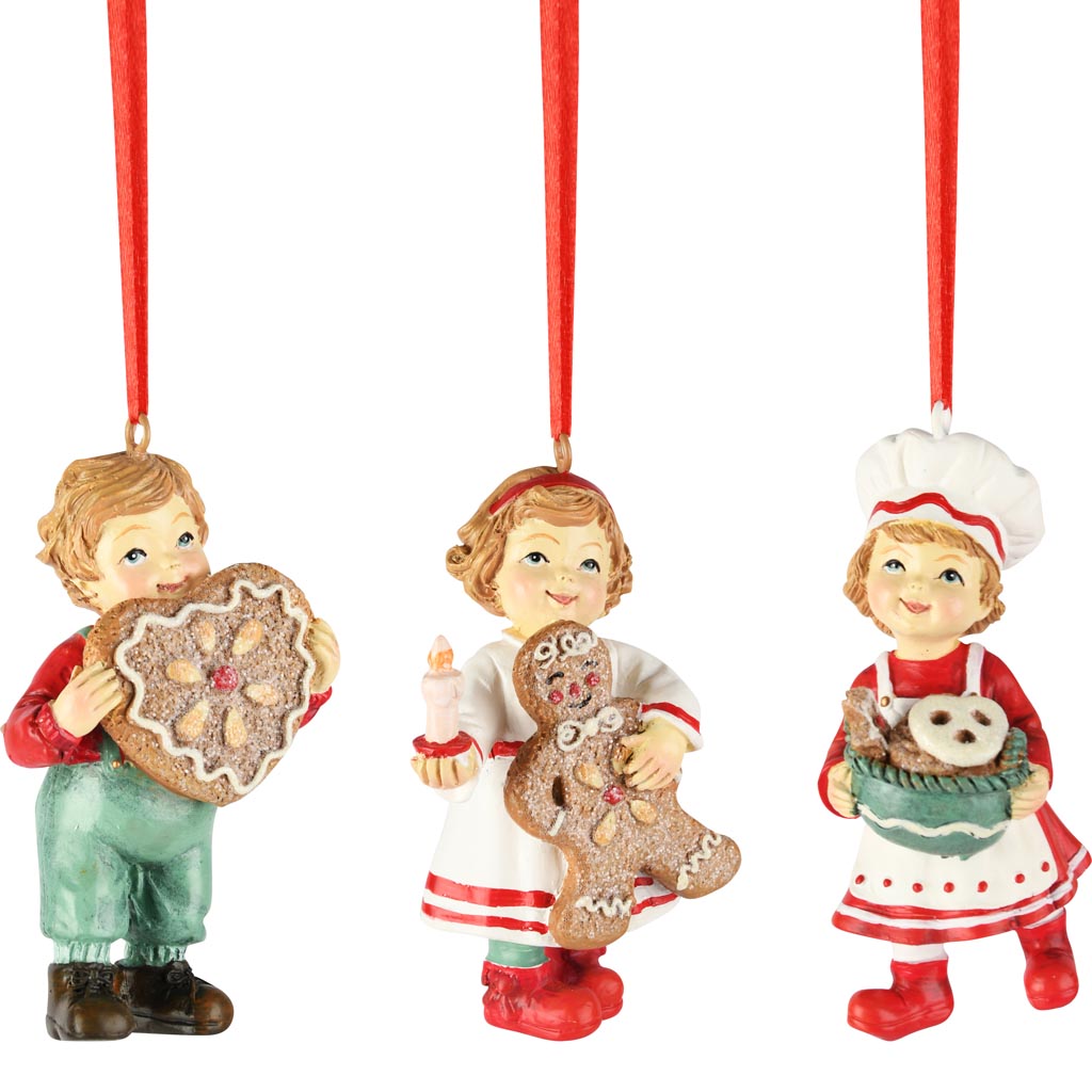Dekoratief | Hanger kindje m/koekje, resina, rood/wit, 6x4x10cm, set van 3 stuks | A255829