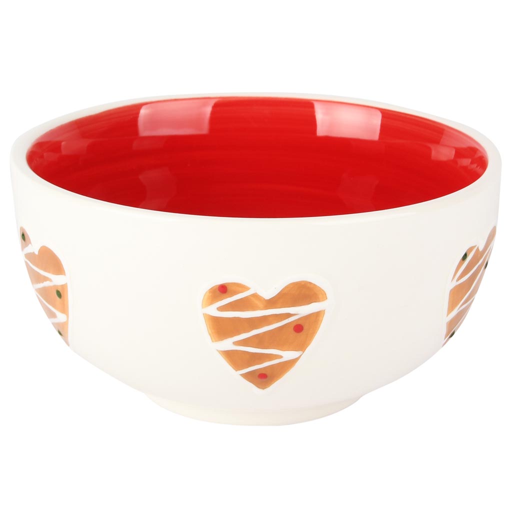 Dekoratief | Bowl m/hartjes, wit/bruin/rood, keramiek, 15x15x7cm | A255845