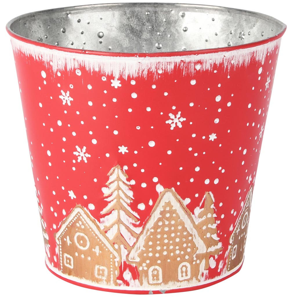 Dekoratief | Bloempot m/huizen/bomen, rood/goud, metaal, 16x16x14cm | A255905