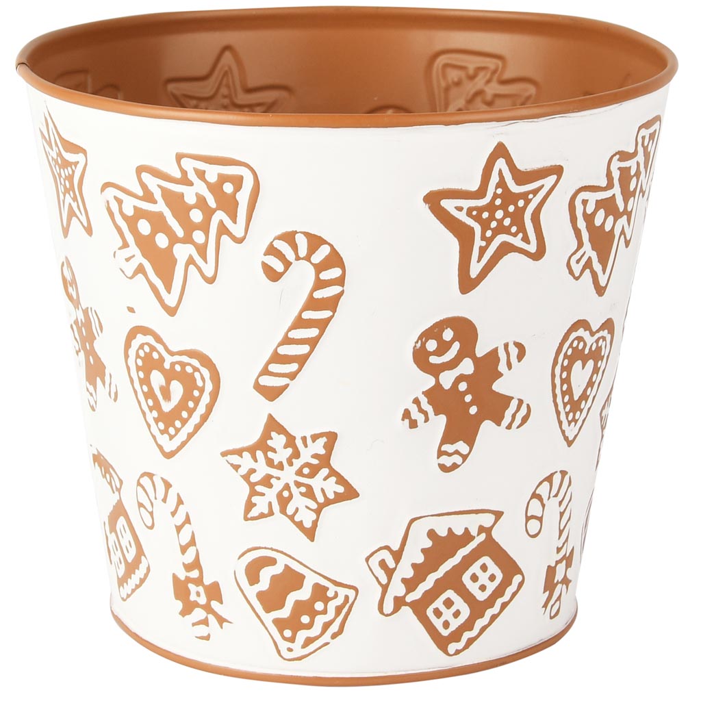 Dekoratief | Bloempot 'Christmas Sweets', wit/bruin, metaal, 16x16x14cm | A255907