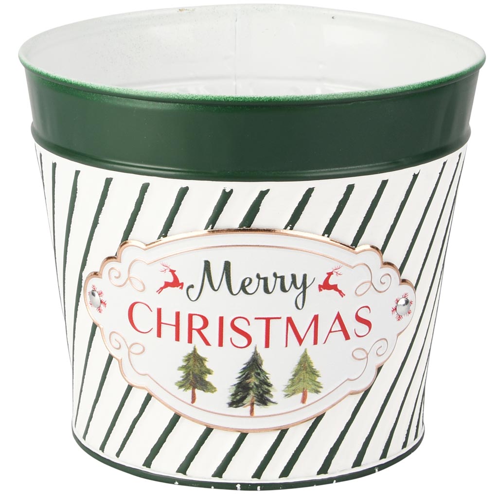 Dekoratief | Bloempot 'Merry Christmas', wit/groen, metaal, 15x15x13cm | A255908
