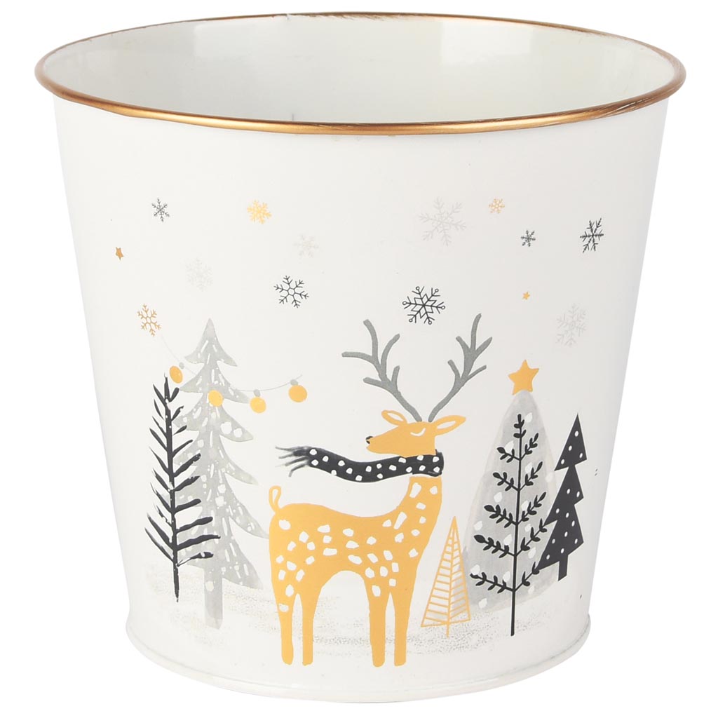 Dekoratief | Bloempot 'Deer in the Woods', wit/goud, metaal, 15x15x13cm | A255914