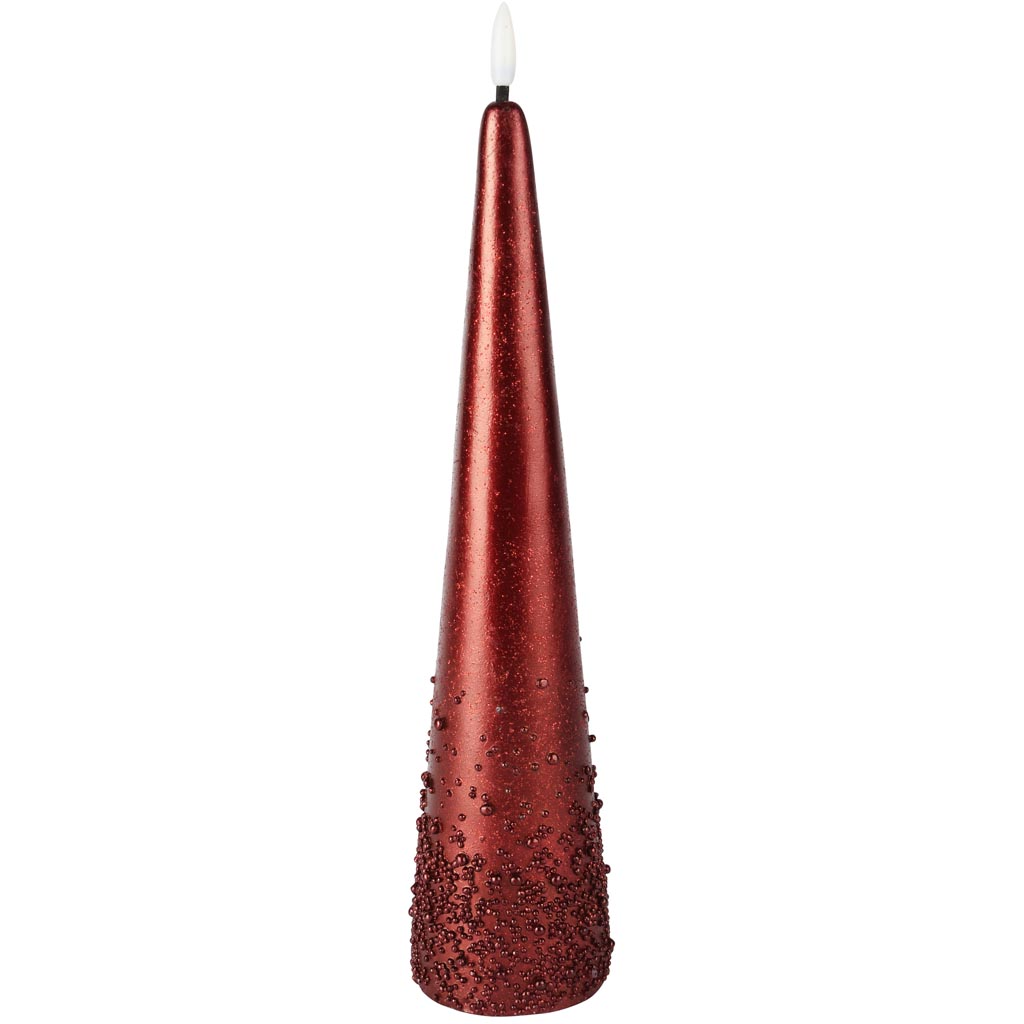 Dekoratief | Kegelkaars m/pareltjes, rood, LED, 30cm | A255933