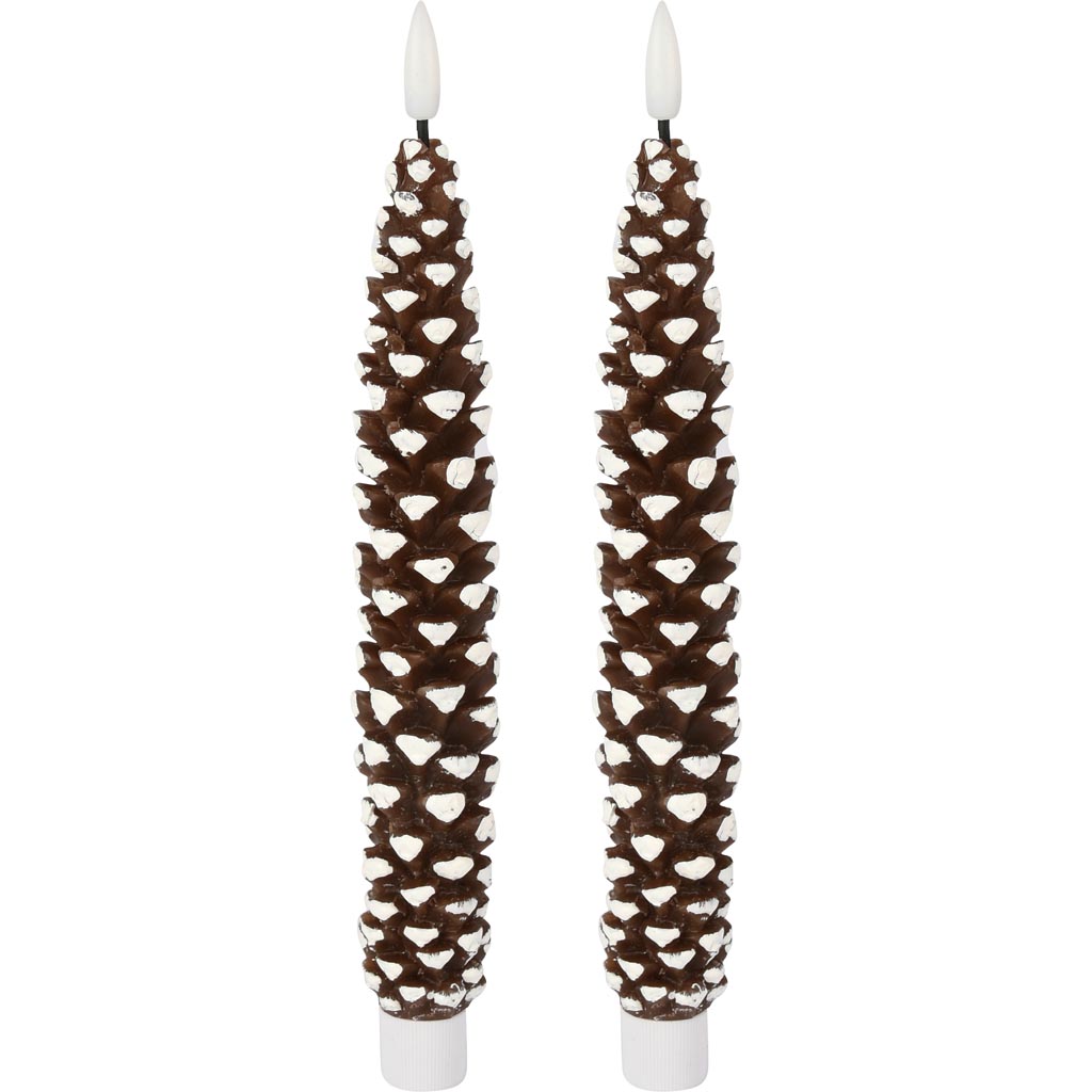 Dekoratief | Box 2 kaarsen 'Pinecone', bruin/wit, LED, 4x4x25cm | A255945