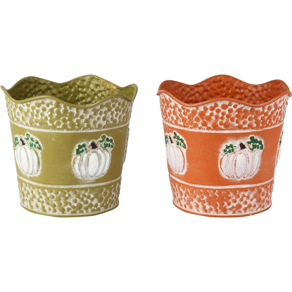 Dekoratief | Bloempot m/pompoenen, groen/oranje, metaal, 13x13x12cm, set van 2 stuks | A255949