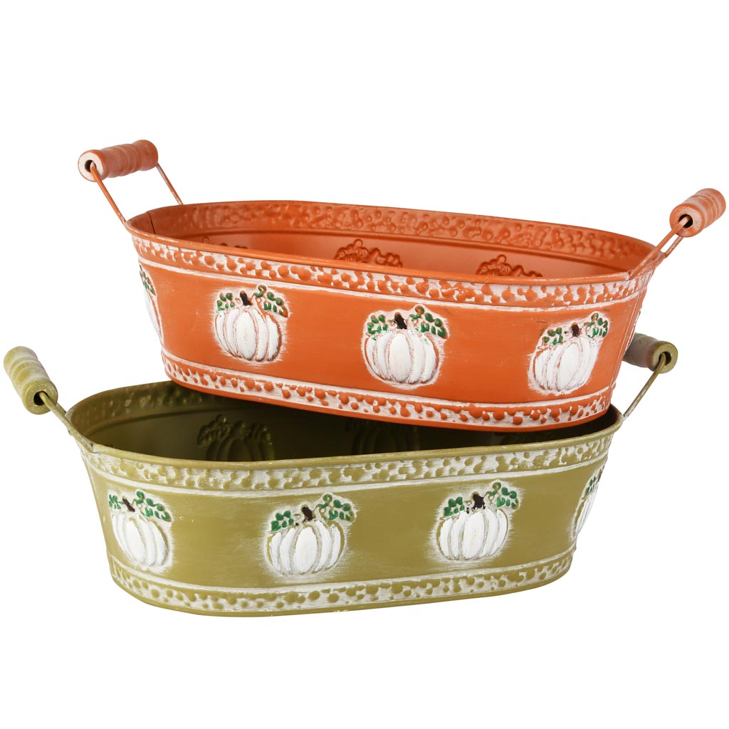 Dekoratief | Bakje ovaal m/pompoenen, groen/oranje, metaal, 28x17x8cm, set van 2 stuks | A255950