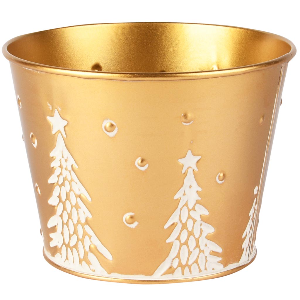 Dekoratief | Bloempot m/bomen, goud/wit, metaal, 13x13x10cm | A255951