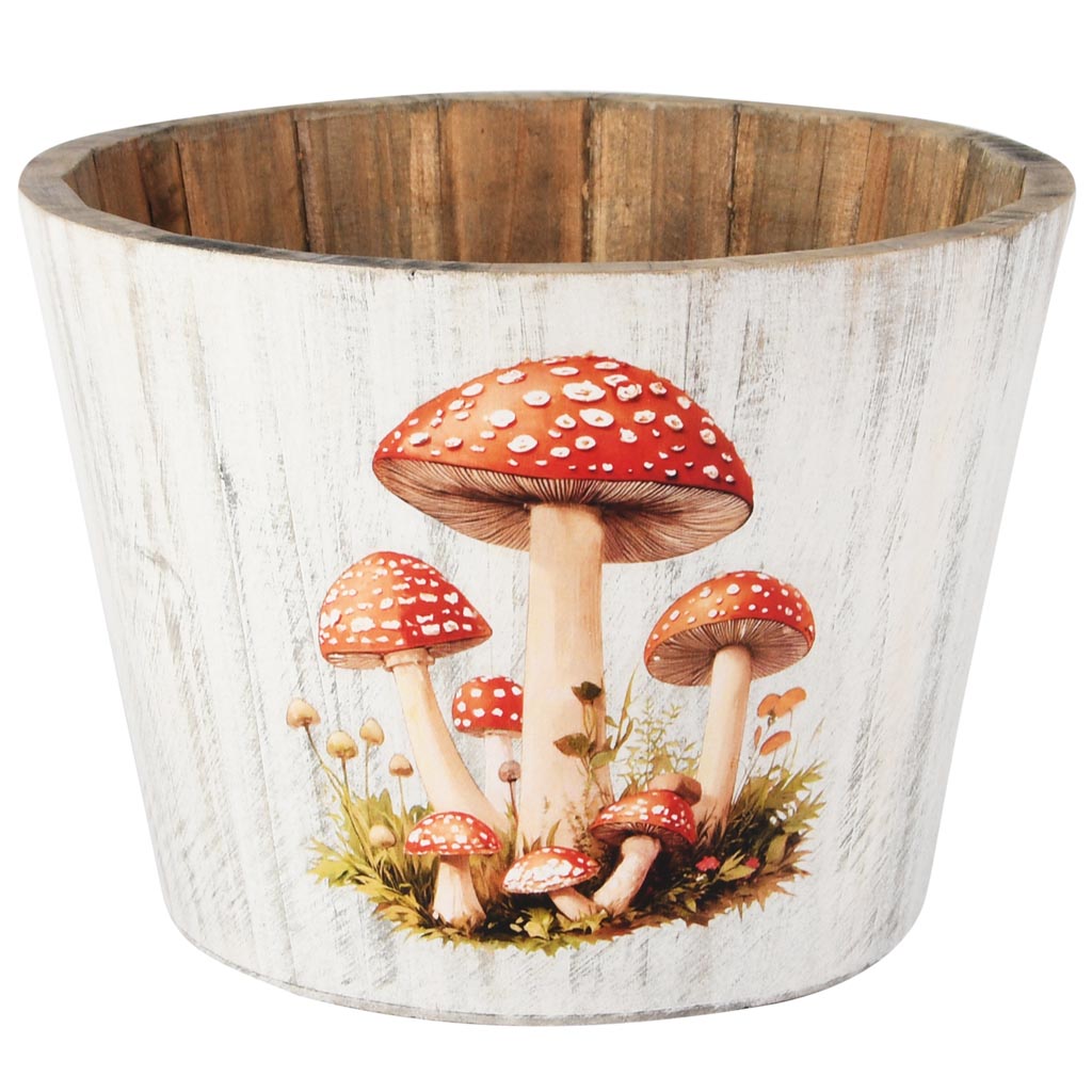 Dekoratief | Bloempot rond m/paddenstoelen, naturel/wit, hout, 18x18x13cm | A255958