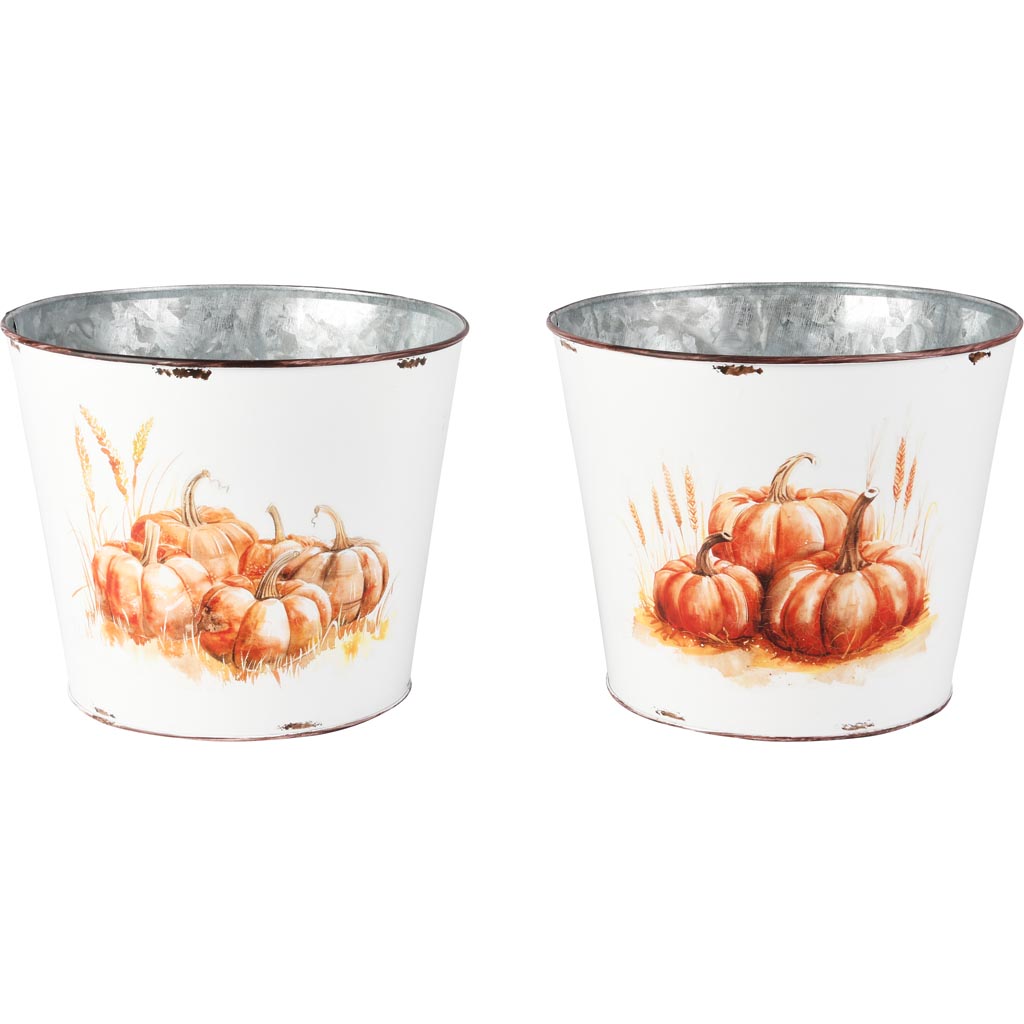 Dekoratief | Bloempot rond m/paddenstoelen, wit, metaal, 18x18x16cm, set van 2 stuks | A255959