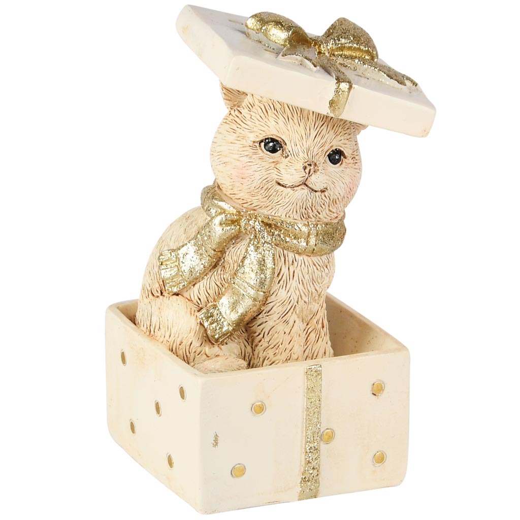 Dekoratief | Poes in cadeautje, wit/goud, resina, 7x7x10cm | A255963
