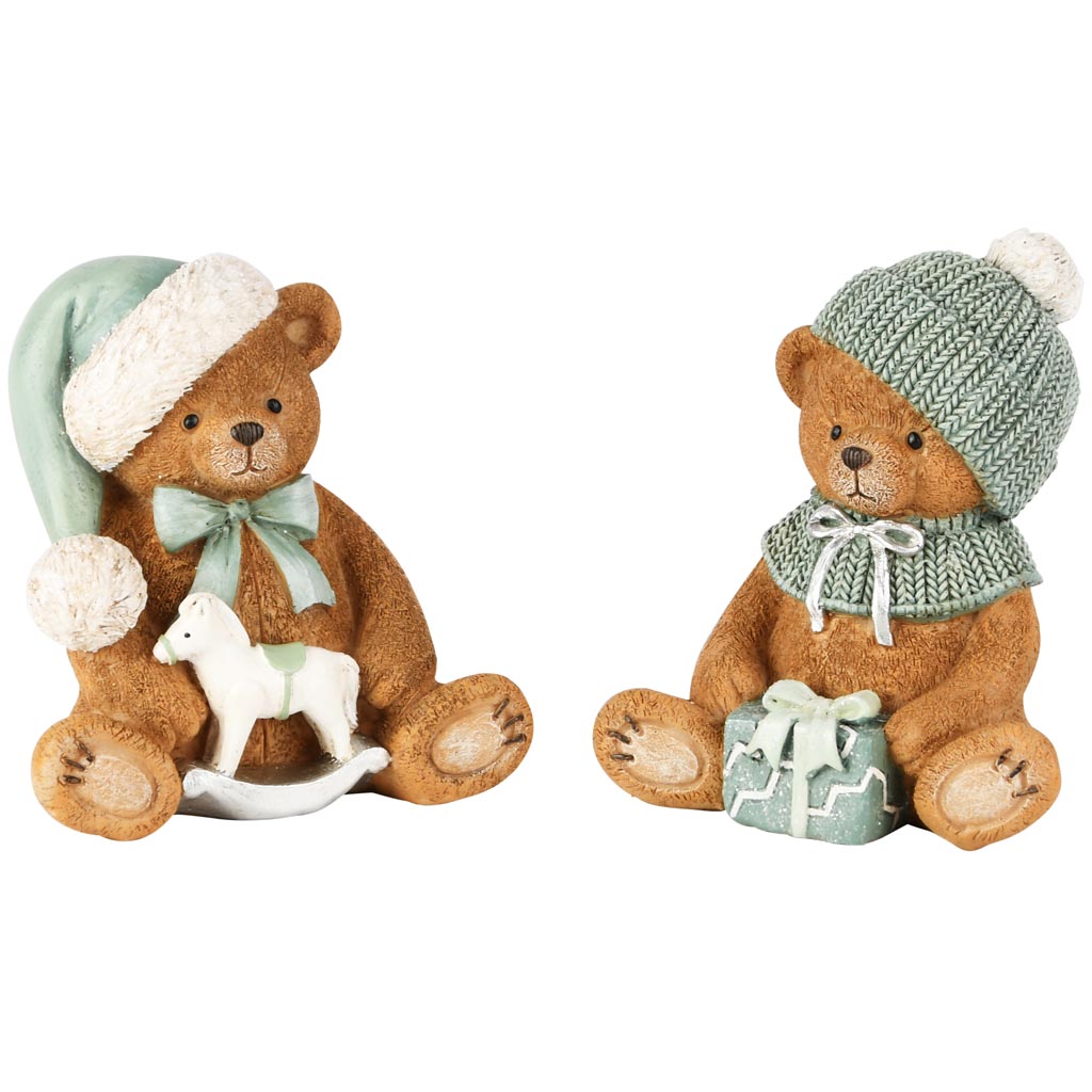 Dekoratief | Beertje zittend m/cadeau/paard, resina, 10x8x11cm, set van 2 stuks | A255964