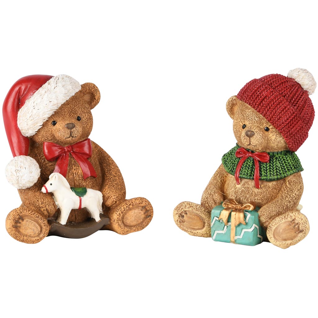 Dekoratief | Beertje zittend m/cadeau/paard, rood, resina, 10x8x11cm, set van 2 stuks | A255966